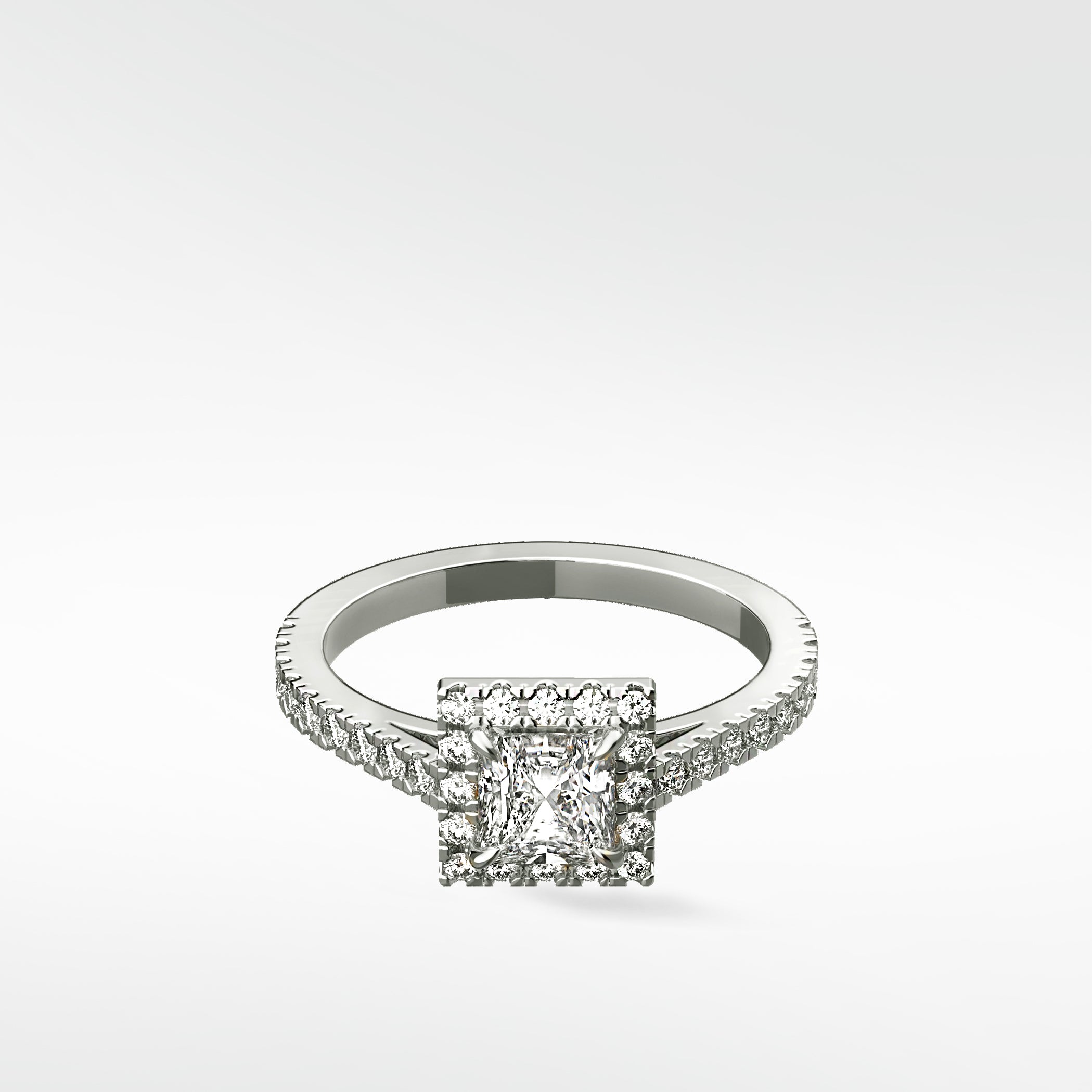 Agave Diamond Engagement Ring with a princess cut center stone, a diamond halo, and a pave diamond band in white gold.