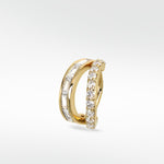 Close-up of the Modernist Double Diamond Hoop with parallel bands of baguette and round diamonds set in polished yellow gold.