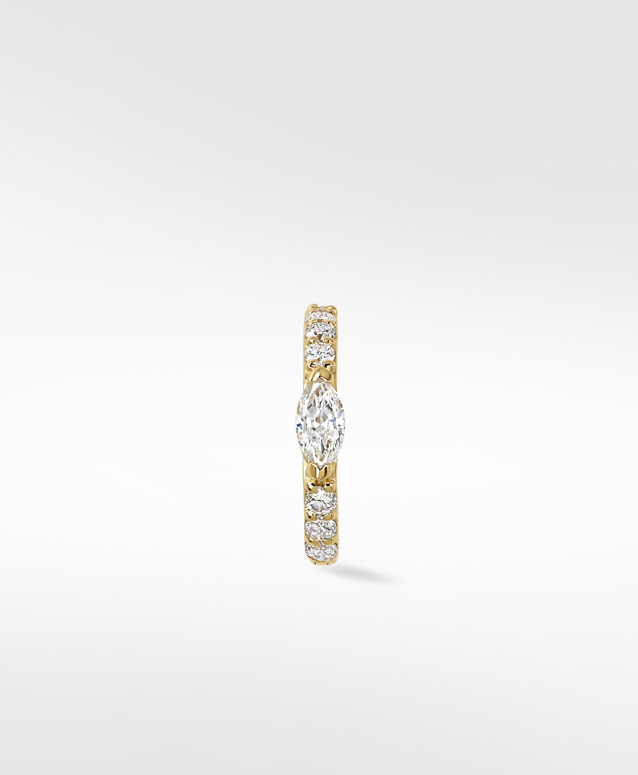 Front view of a gold Modernist Marquise Pave Hoop with a central marquise diamond and a band of pavé diamonds.