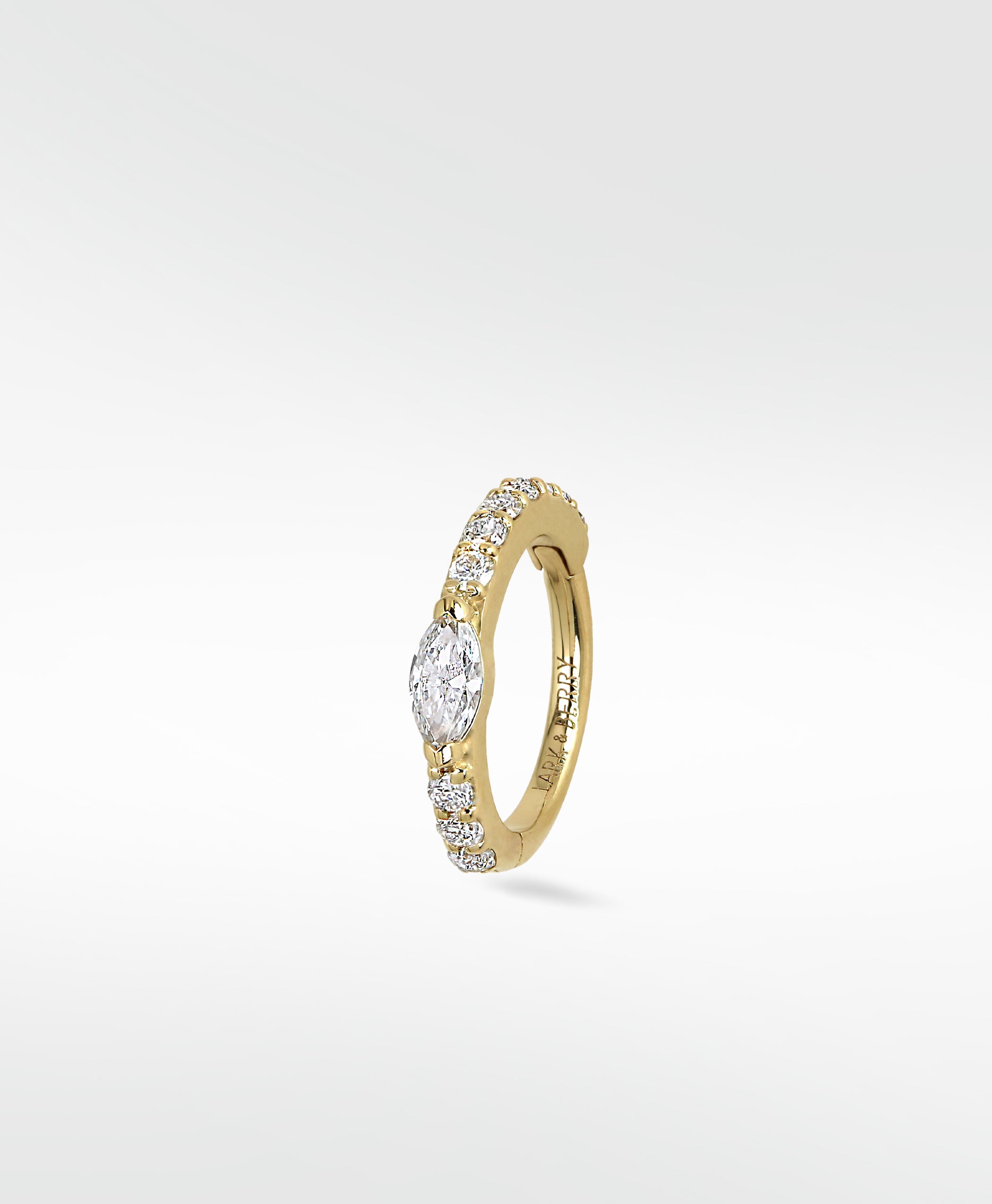 Lark & Berry Modernist Marquise Pave Hoop in yellow gold, featuring a central marquise diamond surrounded by pave diamonds.