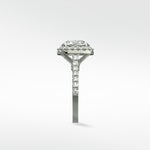 Side profile of the Sequoia Diamond Engagement Ring in platinum, featuring a halo setting and pavé diamond band.