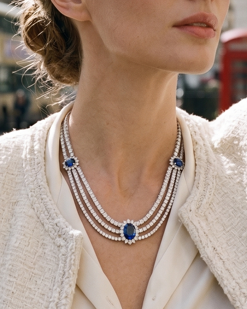 A model wears the Lark & Berry Kensington Necklace, a multi-strand diamond necklace with three large blue sapphires, over a cream jacket.